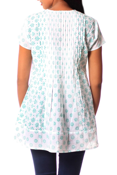 Cotton blouse, 'Teal Harmony' - Block Print Cotton Patterned Tunic Top