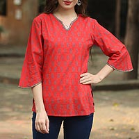 Beaded cotton tunic, 'Crimson Delhi' - Handmade Block Print Paisley Cotton Tunic Top from India