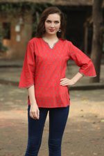 Beaded cotton tunic, 'Crimson Delhi' - Handmade Block Print Paisley Cotton Tunic Top from India