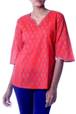 Beaded cotton tunic, 'Crimson Delhi' - Handmade Block Print Paisley Cotton Tunic Top from India