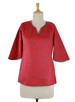 Beaded cotton tunic, 'Crimson Delhi' - Handmade Block Print Paisley Cotton Tunic Top from India