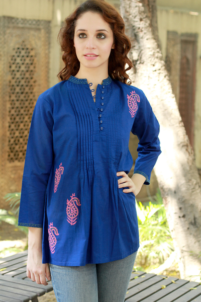 Cotton blouse, 'Bengali Blue' - Cotton blouse