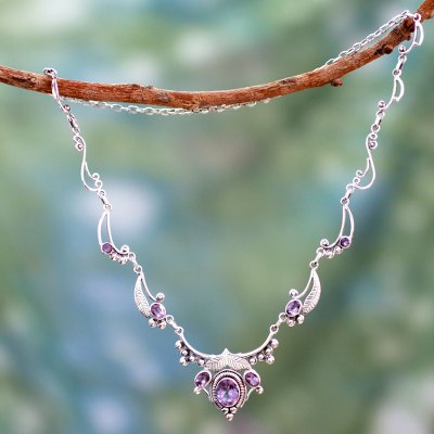 Amethyst flower necklace, 'Queen of Nature' - Indian jewellery Sterling Silver and Amethyst Necklace