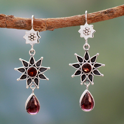 Garnet dangle earrings, 'Star of Love' - Garnet Earrings Artisan Crafted Silver Jewelry