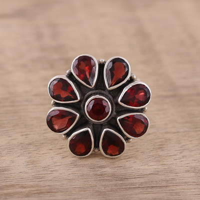 Garnet flower ring, 'Floral Glamour' - Garnet Ring and Sterling Silver Ring Flower Jewelry