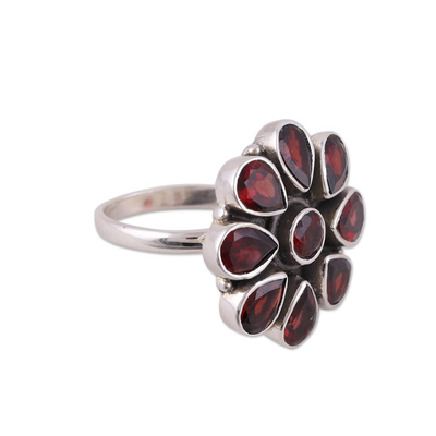 Garnet flower ring, 'Floral Glamour' - Garnet Ring and Sterling Silver Ring Flower Jewellery