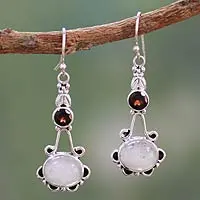 Rainbow moonstone and garnet dangle earrings, 'Fresh Beauty' - Garnet and Rainbow Moonstone Sterling Silver Earrings