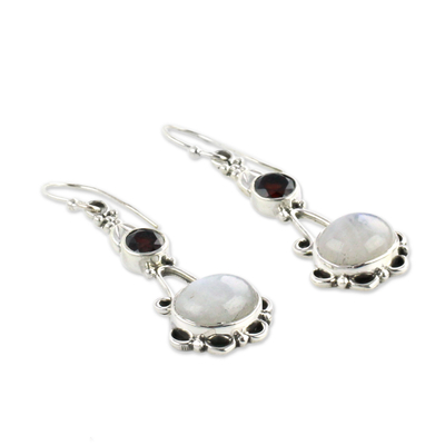 Rainbow moonstone and garnet dangle earrings, 'Fresh Beauty' - Garnet and Rainbow Moonstone Sterling Silver Earrings