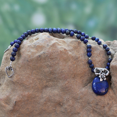 Lapis lazuli pendant necklace, 'Lovely Lily' - Floral Sterling Silver and Lapis Lazuli Necklace