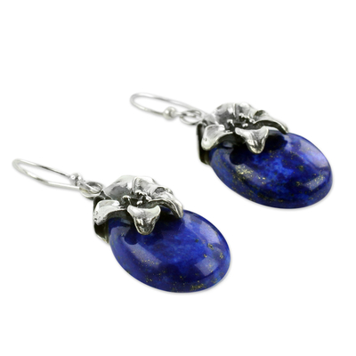 Lapis lazuli dangle earrings, 'Lovely Lily' - Lapis Lazuli Earrings Sterling Silver Floral Jewelry