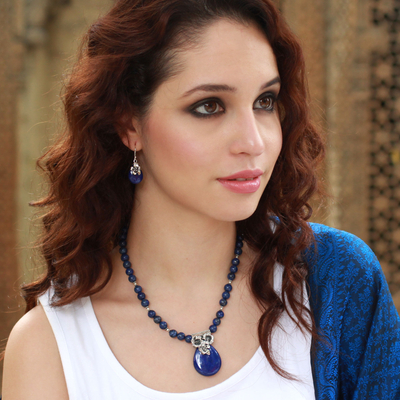 Lapis lazuli dangle earrings, 'Lovely Lily' - Lapis Lazuli Earrings Sterling Silver Floral Jewelry