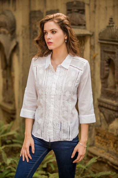 Cotton blouse, 'Morning Glory' - Chikankari White Cotton Embroidered Blouse with 3/4 Sleeves