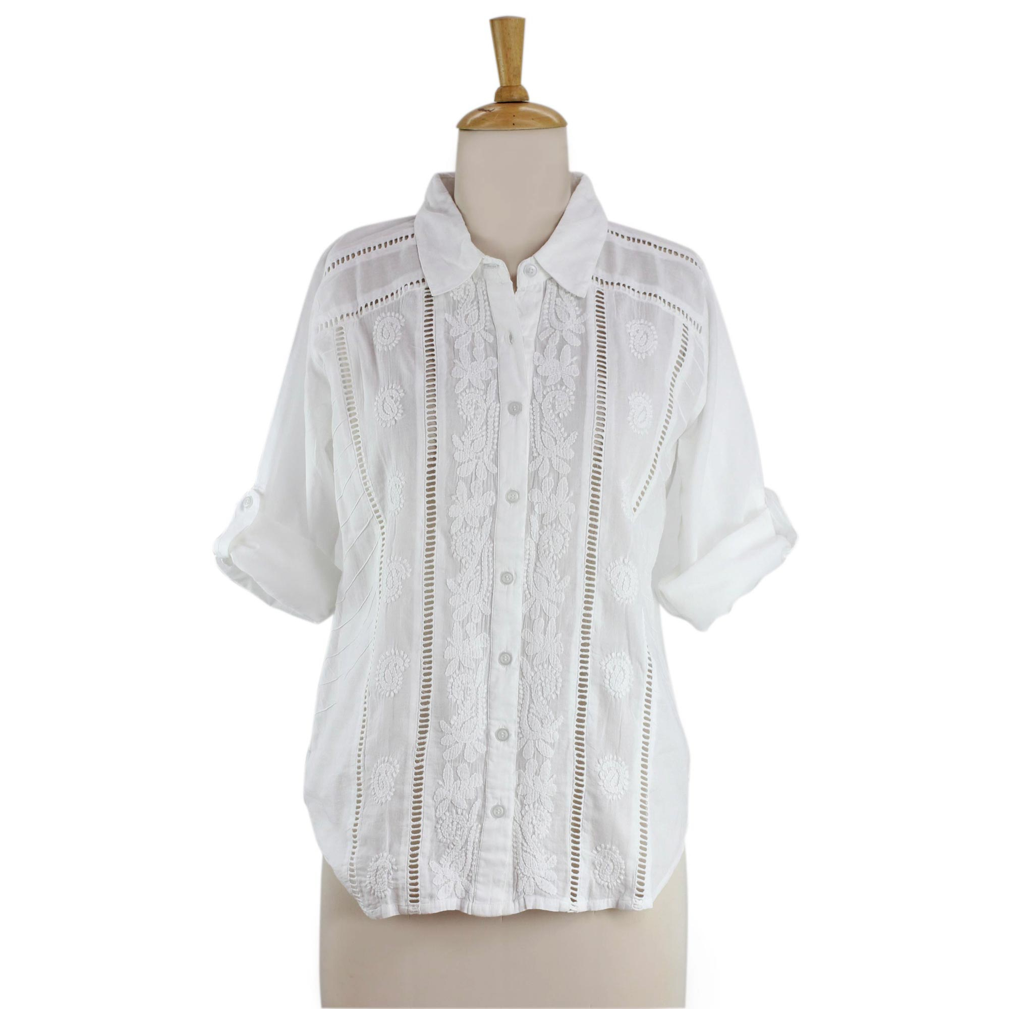 White Hand Embroidered Poet's Blouse - Morning Glory | NOVICA