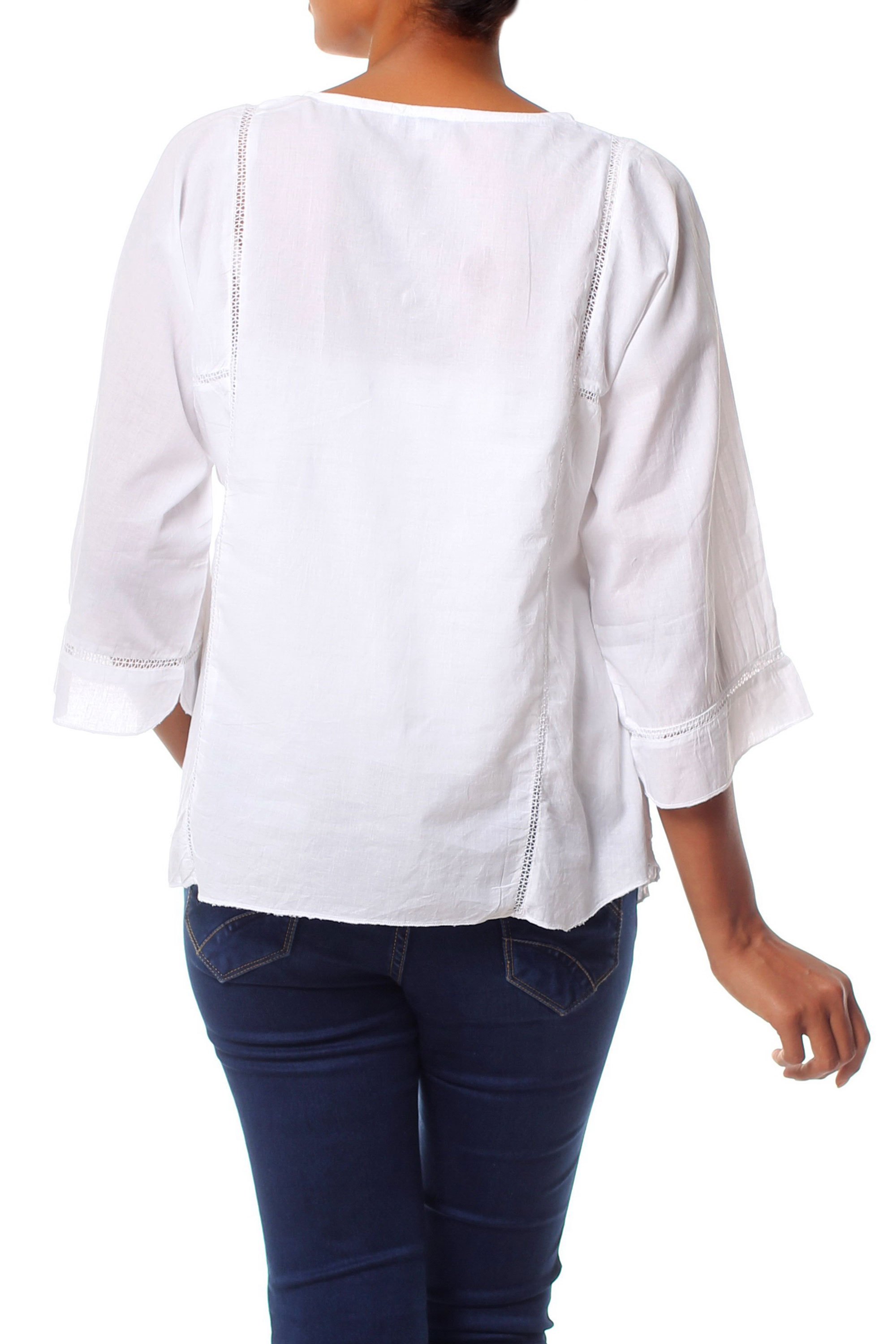 Embroidered White Cotton Smock Floral Mist NOVICA