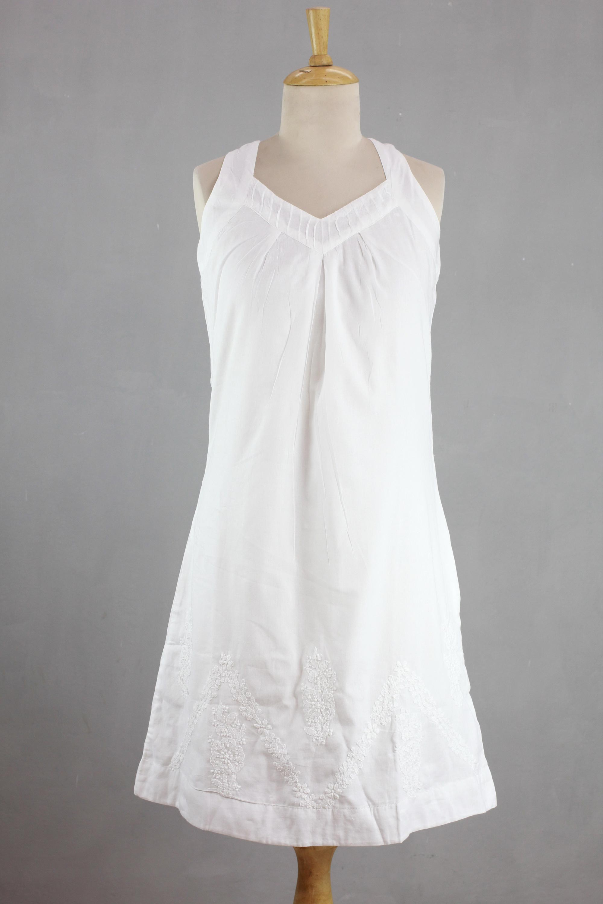 Sleeveless Embroidered White Cotton Sundress - Lucknow Lady | NOVICA