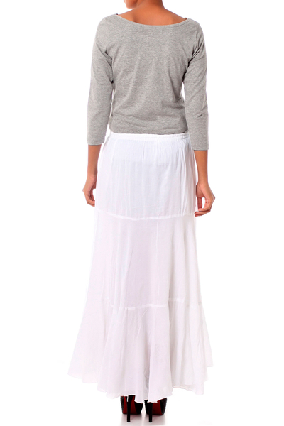Cotton skirt, 'Lucknow Princess' - Hand Embroidered Long White Cotton Peasant Skirt