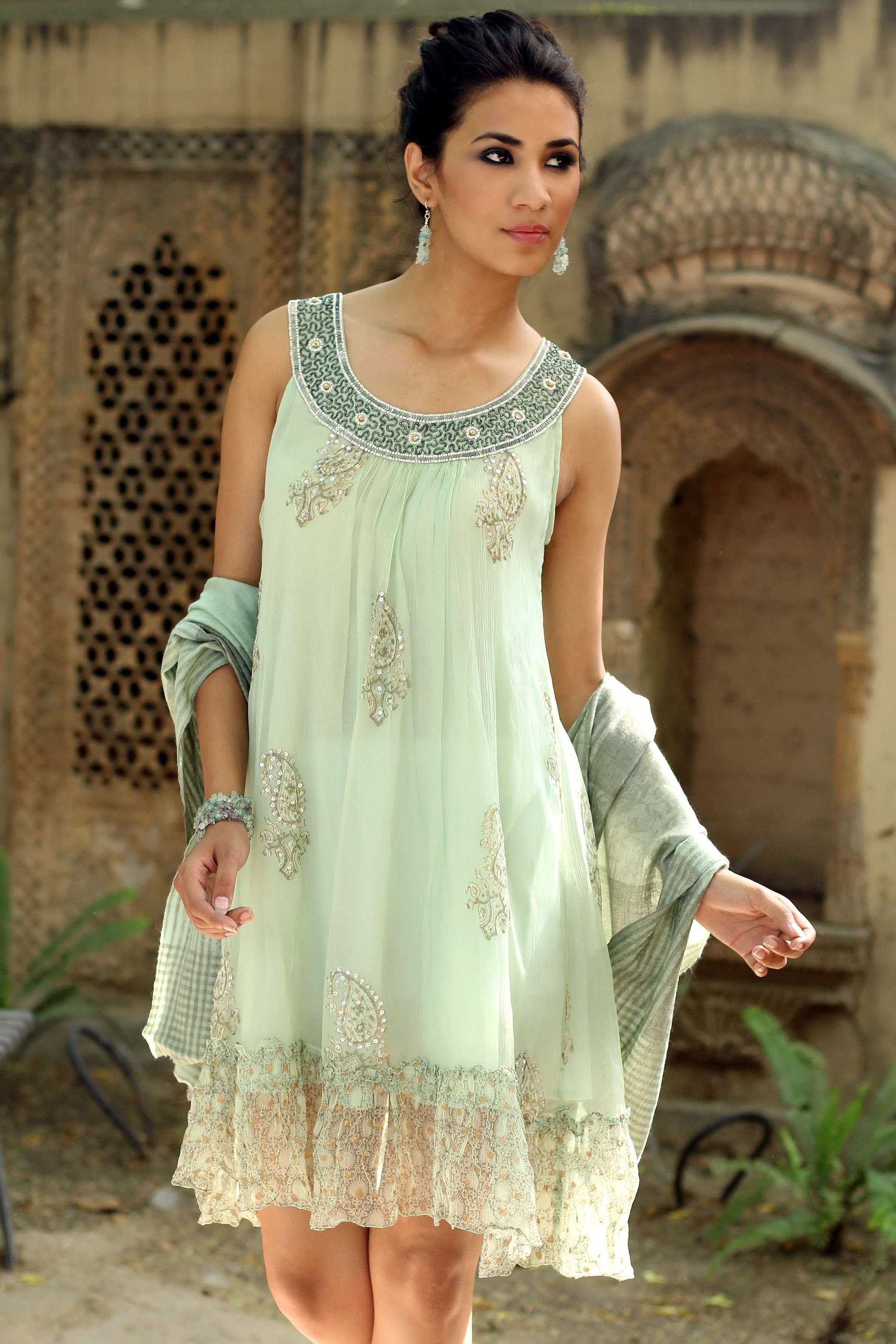 Beaded ALine Green Dress with Sequins and Ruffles Hemlock Paisley NOVICA