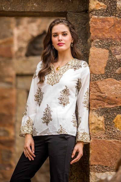 Beaded cotton tunic, 'Festive Floral Paisley' - Festive Cotton Block Print Tunic Beadwork Sequins Zari