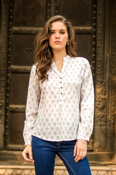 Cotton tunic, 'Golden Lotus' - Women's White Cotton Tunic Golden Block Prints