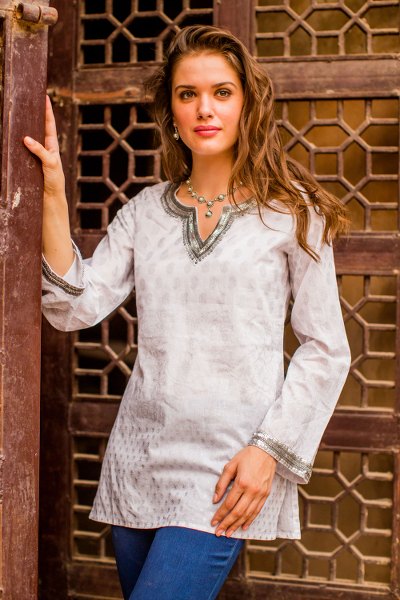 Cotton tunic, 'Silver Diva' - Block Printed White Cotton Tunic with Silver Embellishments