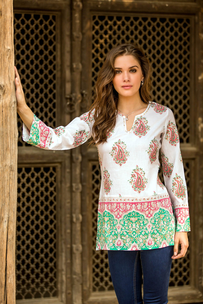 Beaded cotton tunic, 'Beautiful Jaipur' - Cotton Block Print Tunic with Beadwork and Sequins