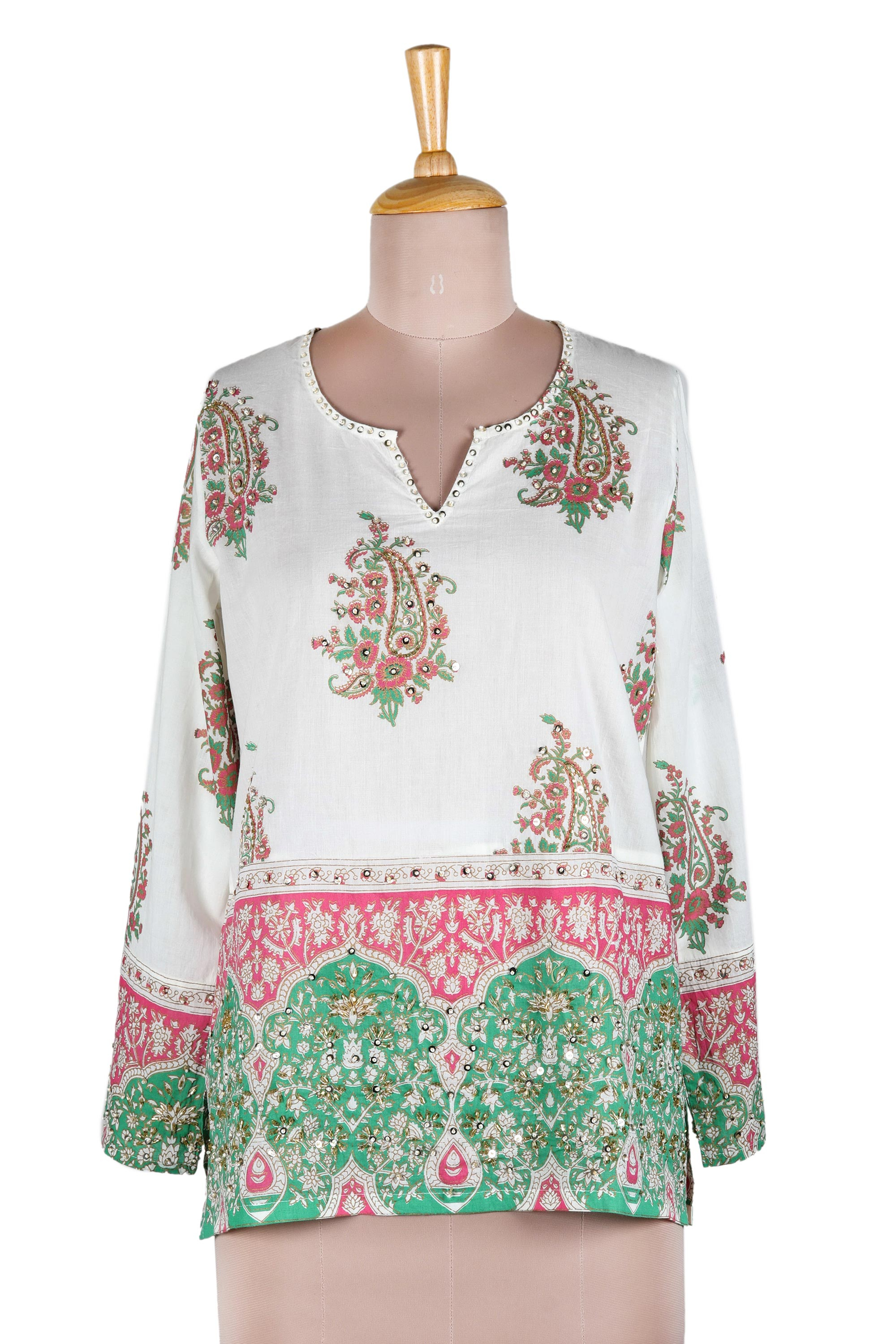 UNICEF Market | Cotton Block Print Tunic with Beadwork and Sequins ...