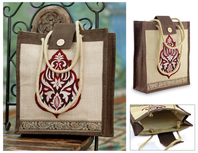 Jute Tote Bag, 'Fire Blossom' - Floral Jute Embroidered Shoulder Bag