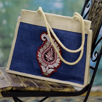 Jute tote bag, 'Indian Paisley' - Artisan Crafted Paisley Jute Shoulder Bag