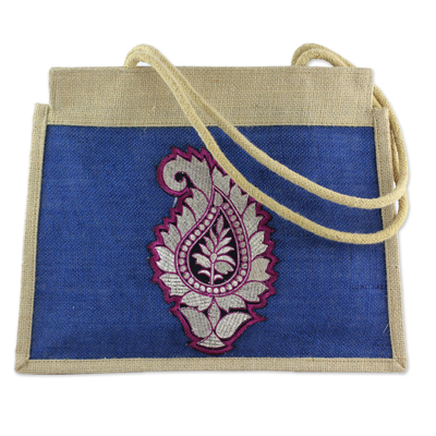 Jute tote bag, 'Indian Paisley' - Artisan Crafted Paisley Jute Shoulder Bag