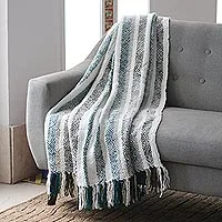 Throw, 'Teal Kiss' - Indian Striped Throw Blanket