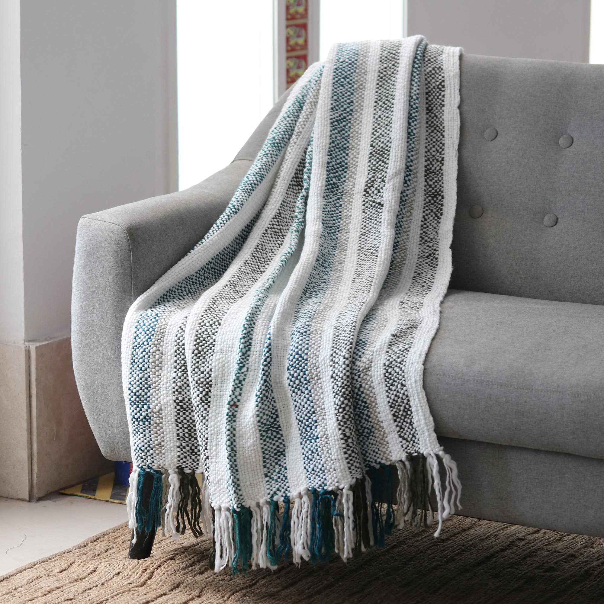 Indian Striped Throw Blanket - Teal Kiss | NOVICA