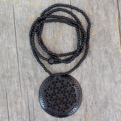 Ebony wood necklace, 'Mughal Enchantress Medallion' - Jali Jewelry Ebony Wood Beaded Necklace