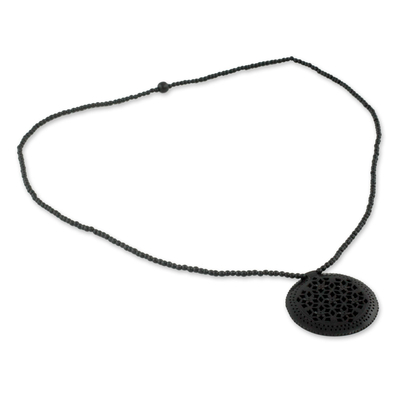 Ebony wood necklace, 'Mughal Enchantress Medallion' - Jali Jewelry Ebony Wood Beaded Necklace