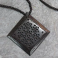 Ebony flower necklace, 'Mughal Enchantress Diamond' - Ebony Wood Necklace Hand Carved Jewelry from India