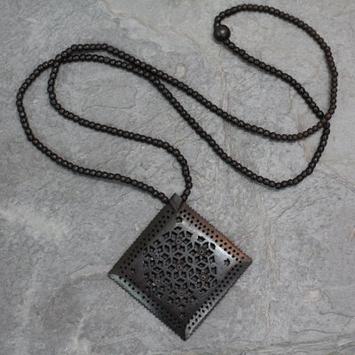 Ebony flower necklace, 'Mughal Enchantress Diamond' - Ebony Wood Necklace Hand Carved Jewellery from India