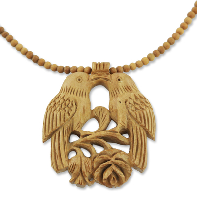 Wood pendant necklace, 'Courtship' - Wood Beaded Bird Necklace from India