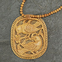 Wood pendant necklace, 'Playful Birds'