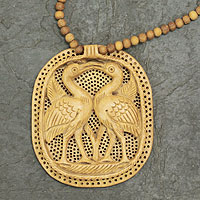 Wood pendant necklace, 'Swan Kiss'