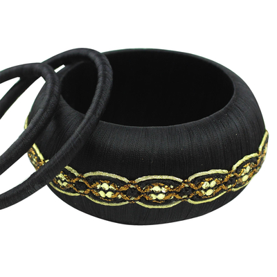 Handcrafted bangle bracelets, 'Royal Night' (set of 3) - Black Embellished Bangle Bracelets Handmade India (Set of 3)