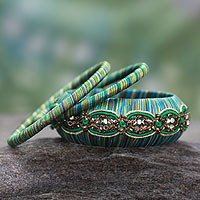 Handcrafted bangle bracelets, 'Dreams in Aqua' (set of 3) - Fair Trade Embellished Bangle Bracelets (Set of 3)