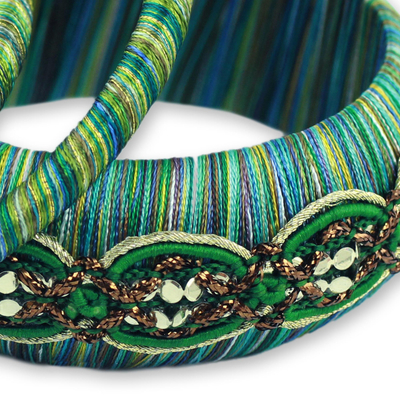Handcrafted bangle bracelets, 'Dreams in Aqua' (set of 3) - Fair Trade Embellished Bangle Bracelets (Set of 3)