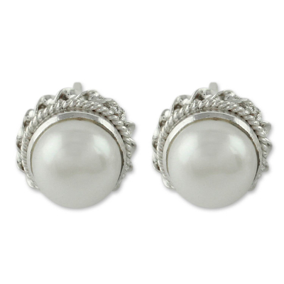 Cultured pearl stud earrings, 'Blossoming Purity' - Cultured Pearl Earrings in Sterling Silver from India