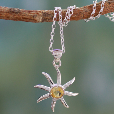 Citrine pendant necklace, 'Golden Sun' - Citrine and Sterling Silver Necklace from India Jewelry