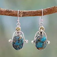 Citrine dangle earrings, 'Living Goddess' - Citrine and Comp Turquoise Earrings Modern Silver Jewelry