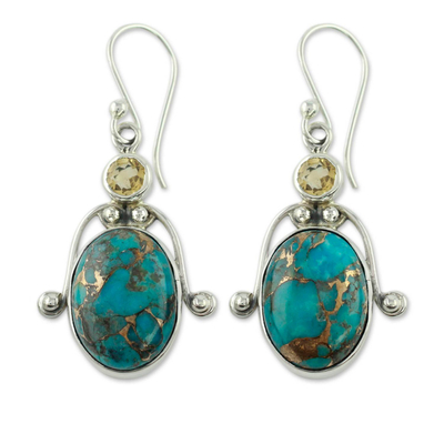 Citrine dangle earrings, 'Living Goddess' - Citrine and Comp Turquoise Earrings Modern Silver Jewelry