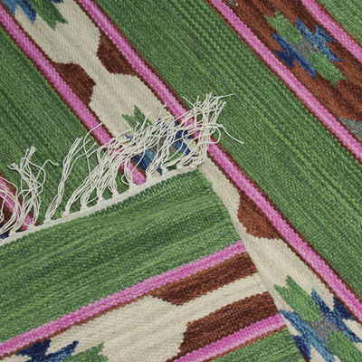 Wool dhurrie rug, 'Indian Meadows' (4x6) - Wool Dhurrie Rug (4x6) in Green, Orange and Blue