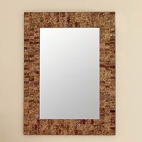 Glass mosaic wall mirror, 'Golden Fireflies' - Wall mirror