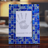 Glass mosaic photo frame, 'Sapphire Beach' (4x6) - Glass Mosaic Photo Frame from India (4x6)