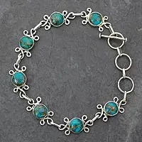 Sterling silver flower bracelet, 'Daisy Chain' - Unique Sterling Silver and Turquoise Bracelet