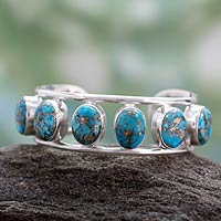 Sterling silver cuff bracelet, 'Serenely Beautiful' - Sterling Silver Cuff Bracelet with Composite Turquoise Studs